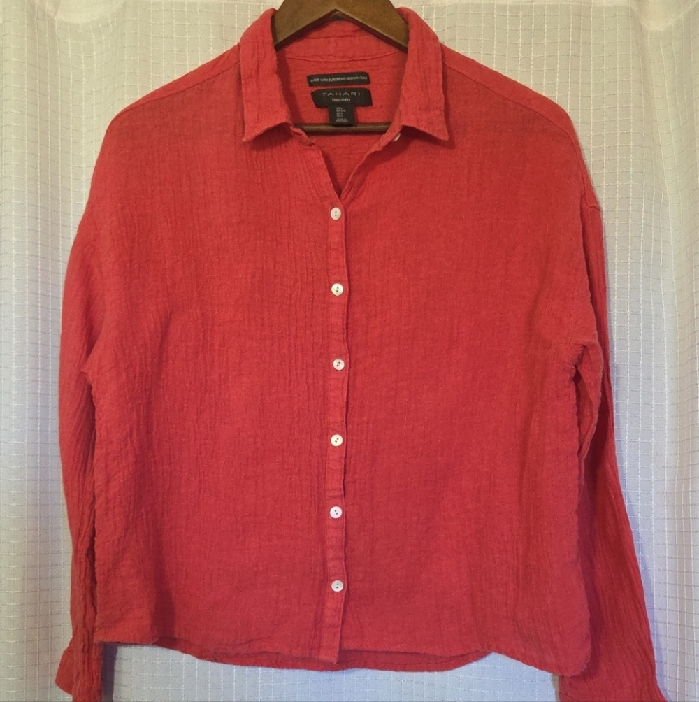 TAHARI 100% European Linen Shirt Long Sleeve Button Down Size L Crinkled Texture